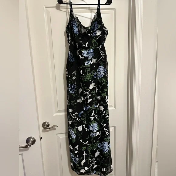 Lulu’s black chiffon dress w/green, silver & ashy blue velvet details, size XL. - Picture 1 of 5